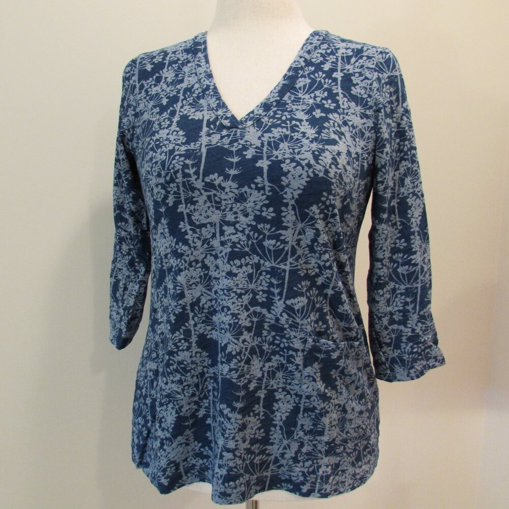 J Jill PureJill Indigo Cotton Floral V-neck 3/4 Sleeve Pocket Top XS Petite